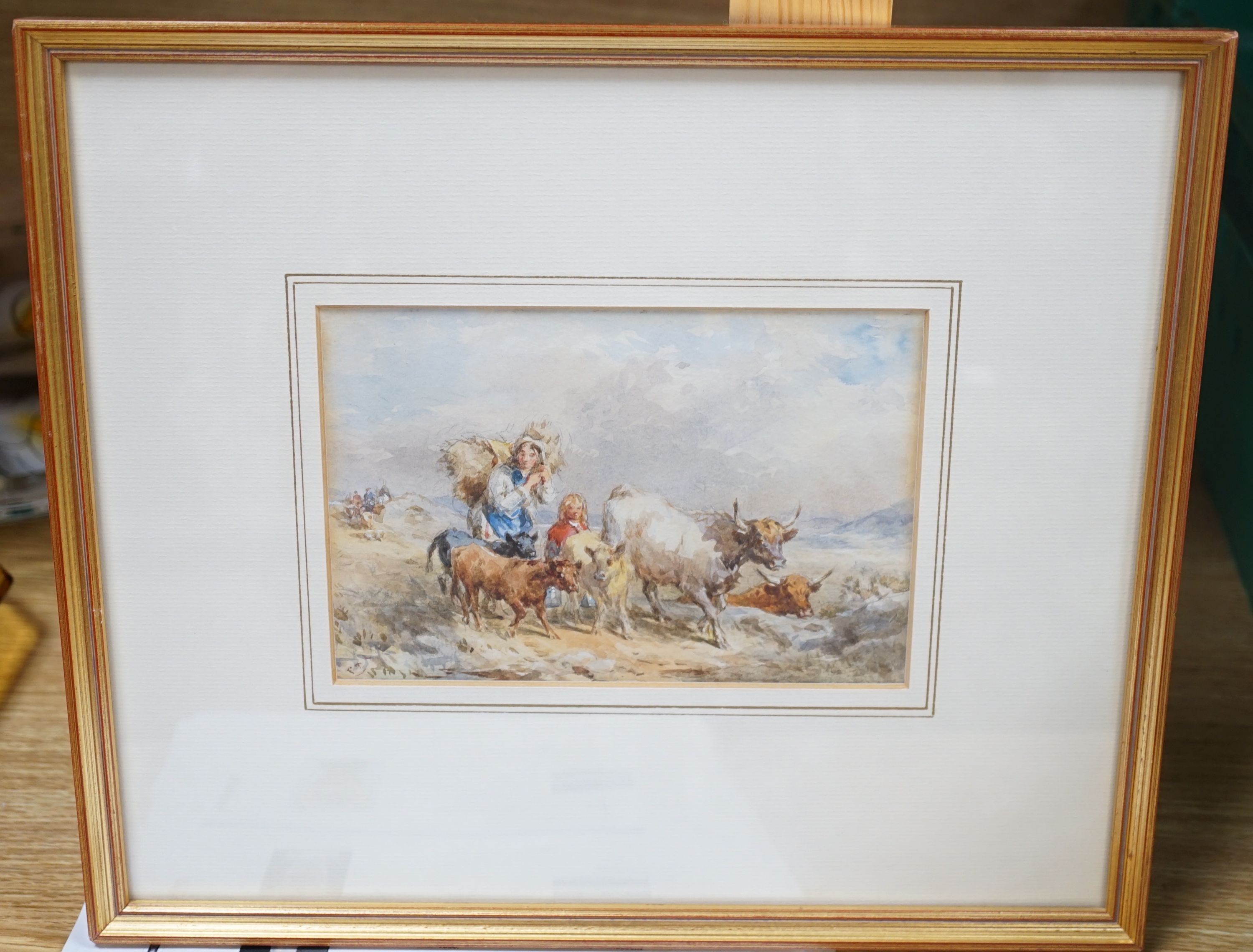John Frederick Taylor (1802-1889), Milkmaid with cows on a country road, watercolour, signed initials, 11 x 17cm